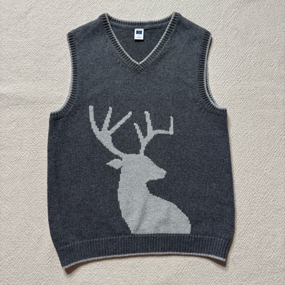 Janie & Jack Boys Grey Reindeer Cotton Knit Vest 7 Neutral Christmas - Picture 2 of 6